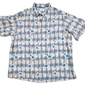 Caribbean Men's Hawaiian Shirt 100% Silk Size 2XB Tan Blue Floral Wood‎ Buttons